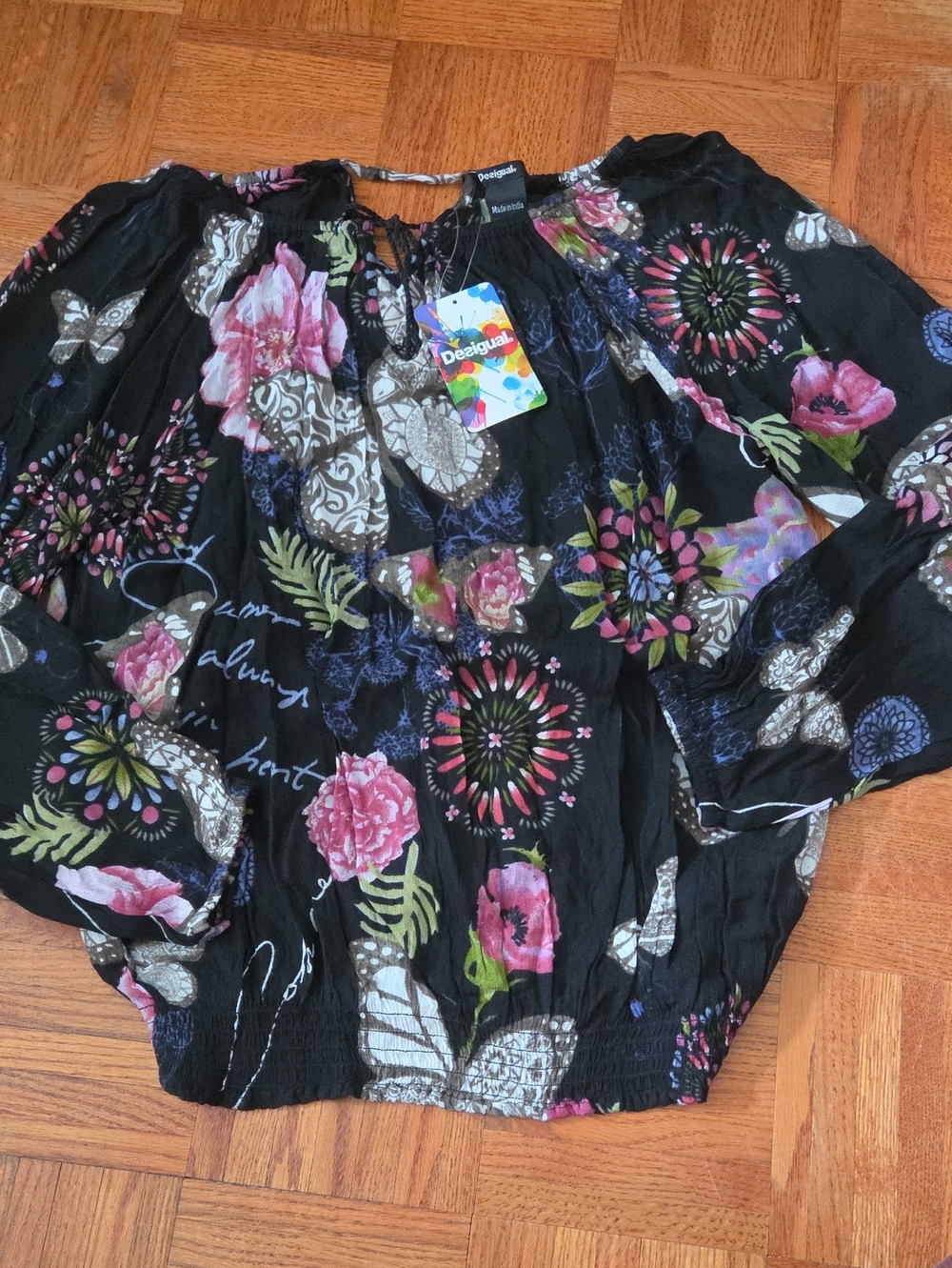 Desigual Black Floral Butterflies Peasant Blouse